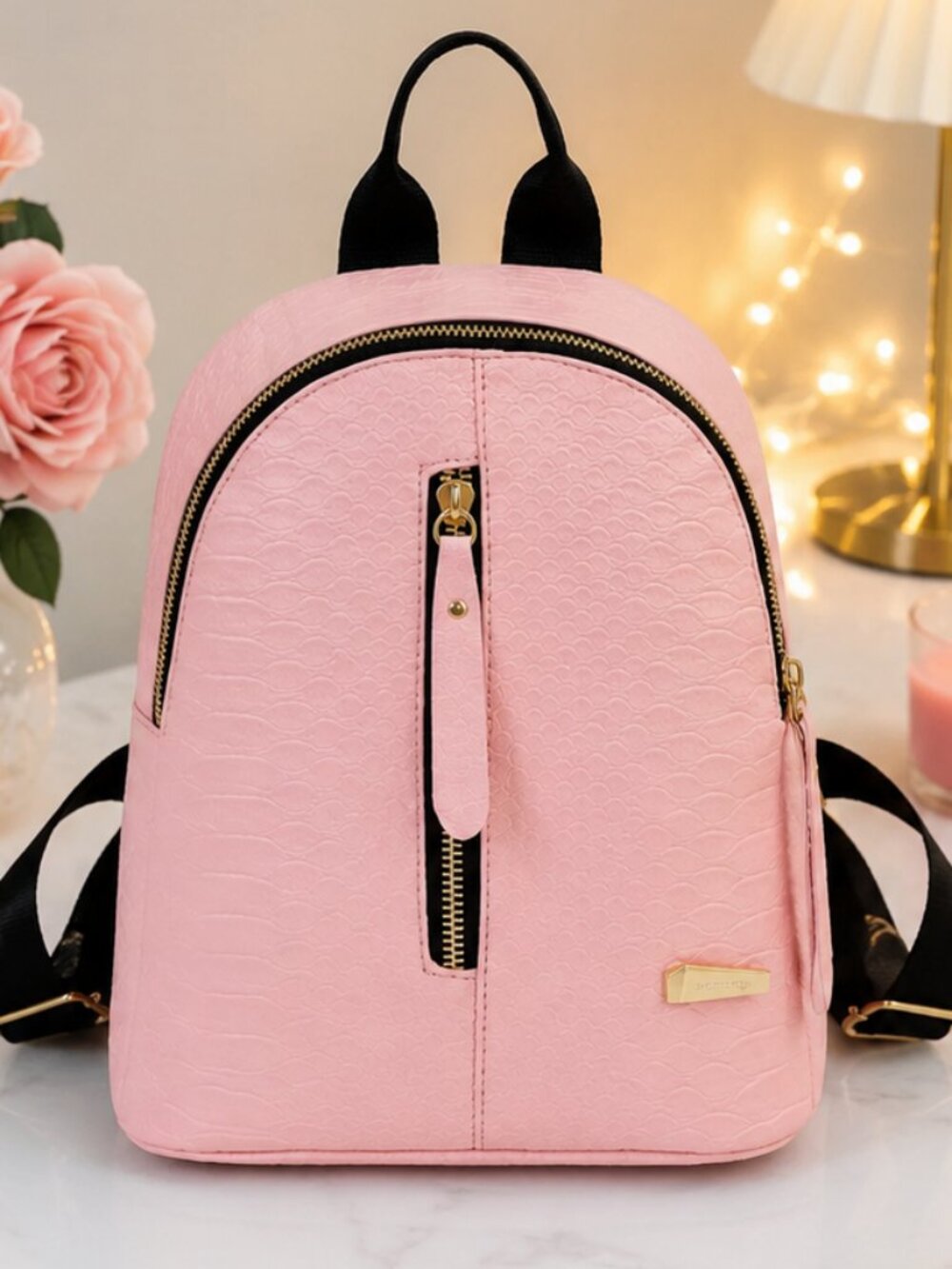Blush Pink Mini Backpack Croc Embossed Faux Leather Gold Zip Travel Bag Purse